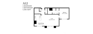 A black and white image of a floor plan for apartment A12 with one bedroom and one bathroom.