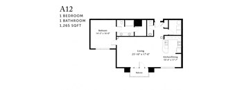 A black and white image of a floor plan for apartment A12 with one bedroom and one bathroom.