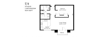 A floor plan of a U4 studio apartment with a living area, kitchen, and bathroom.