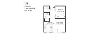 A floor plan of a studio apartment with a kitchen, living/dining area, and a single bathroom.