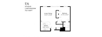 A floor plan of a studio apartment with a bathroom, living/dining area, and kitchen.