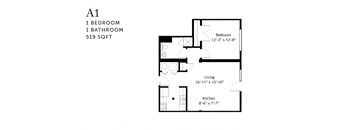 A drawing of a floor plan of a one bedroom, one bathroom apartment.