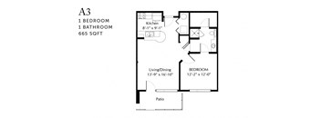 A black and white image of a floor plan for a 665 square foot apartment with one bedroom and one bathroom.