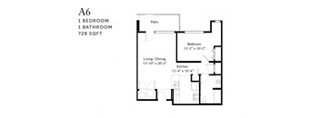A drawing of a floor plan of a one bedroom apartment.