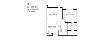 A 7 floor plan of a 1 bedroom and 1 bathroom apartment.