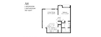 A drawing of a floor plan for a one bedroom, one bathroom apartment.