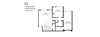 Floor plan of apartment B2 with 2 bedrooms and 1 bathroom.