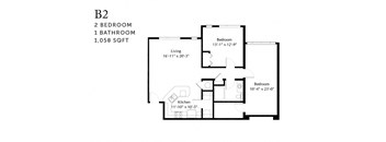 Floor plan of apartment B2 with 2 bedrooms and 1 bathroom.