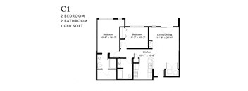 A floor plan of a one bedroom apartment with two bathrooms.
