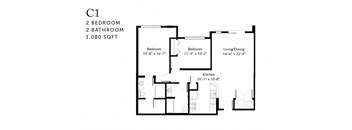A floor plan of a one bedroom apartment with two bathrooms.