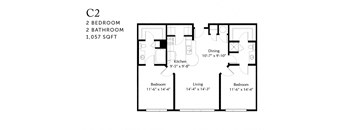 A floor plan of a C2 apartment with 2 bedrooms and 2 bathrooms.