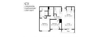 A floor plan of a C3 apartment with 2 bedrooms and 2 bathrooms.