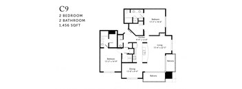 A black and white image of a C9 floor plan with two bedrooms, two bathrooms, and a total area of 1,456 square feet.