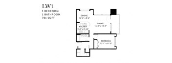 A floor plan of a one bedroom, one bathroom apartment.