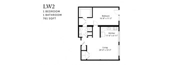 A floor plan of a one bedroom, one bathroom apartment sized at 761 sqft.