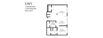 A floor plan of a one bedroom, one bathroom apartment that is 961 square feet.