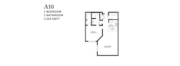 A drawing of a floor plan of a one bedroom apartment.
