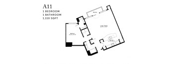 A black and white image of a floor plan for apartment A11 with one bedroom and one bathroom.