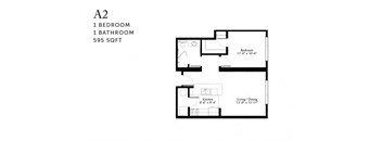 A floor plan of a small apartment with one bedroom and one bathroom.