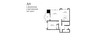 A floor plan of apartment A9 with one bedroom and one bathroom.