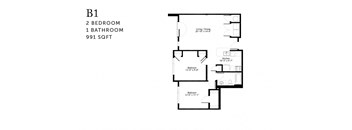 A floor plan of apartment B1 with 2 bedrooms and 1 bathroom.