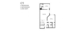 A black and white image of a C5 floor plan with 2 bedrooms, 2 bathrooms and 1,090 square feet.