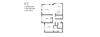 A floor plan of apartment C7 with 1 bedroom and 1 bathroom.