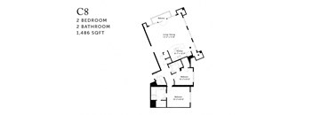 A black and white image of a floor plan for a C8 apartment with 2 bedrooms and 2 bathrooms.