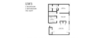 A floor plan of a one bedroom, one bathroom apartment.