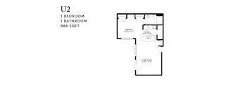 A floor plan of a U2 apartment with one bedroom and one bathroom.