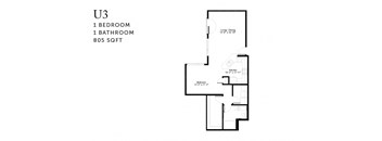 A floor plan of apartment U3 with one bedroom and one bathroom.