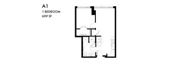 A floor plan of a one bedroom apartment.