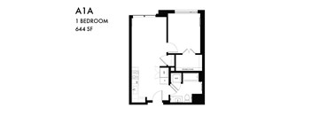 A black and white image of a floor plan for a 1 bedroom apartment.