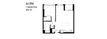 A black and white image of a floor plan for a 1 bedroom apartment.