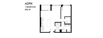 A floor plan of a one bedroom apartment.