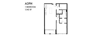 A black and white image of a floor plan for a 1 bedroom apartment.