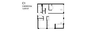 A black and white image of a floor plan for a 2 bedroom apartment.