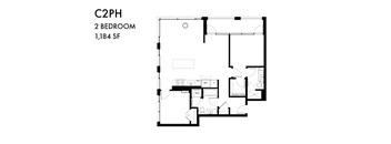 A floor plan of a 2 bedroom apartment sized 1,184 square feet.