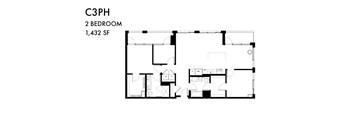 A black and white image of a floor plan for a 2 bedroom apartment.