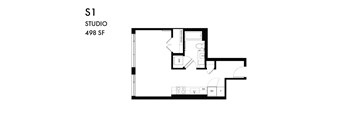 A black and white image of a floor plan for a studio apartment.