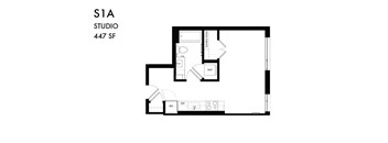 A floor plan of a studio apartment with a kitchen, living room, and bathroom.