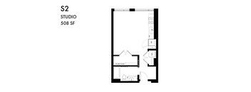 A floor plan of a studio apartment with a kitchen area.