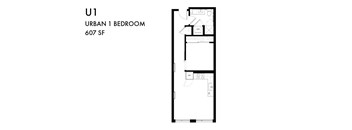 A floor plan of a one bedroom apartment.