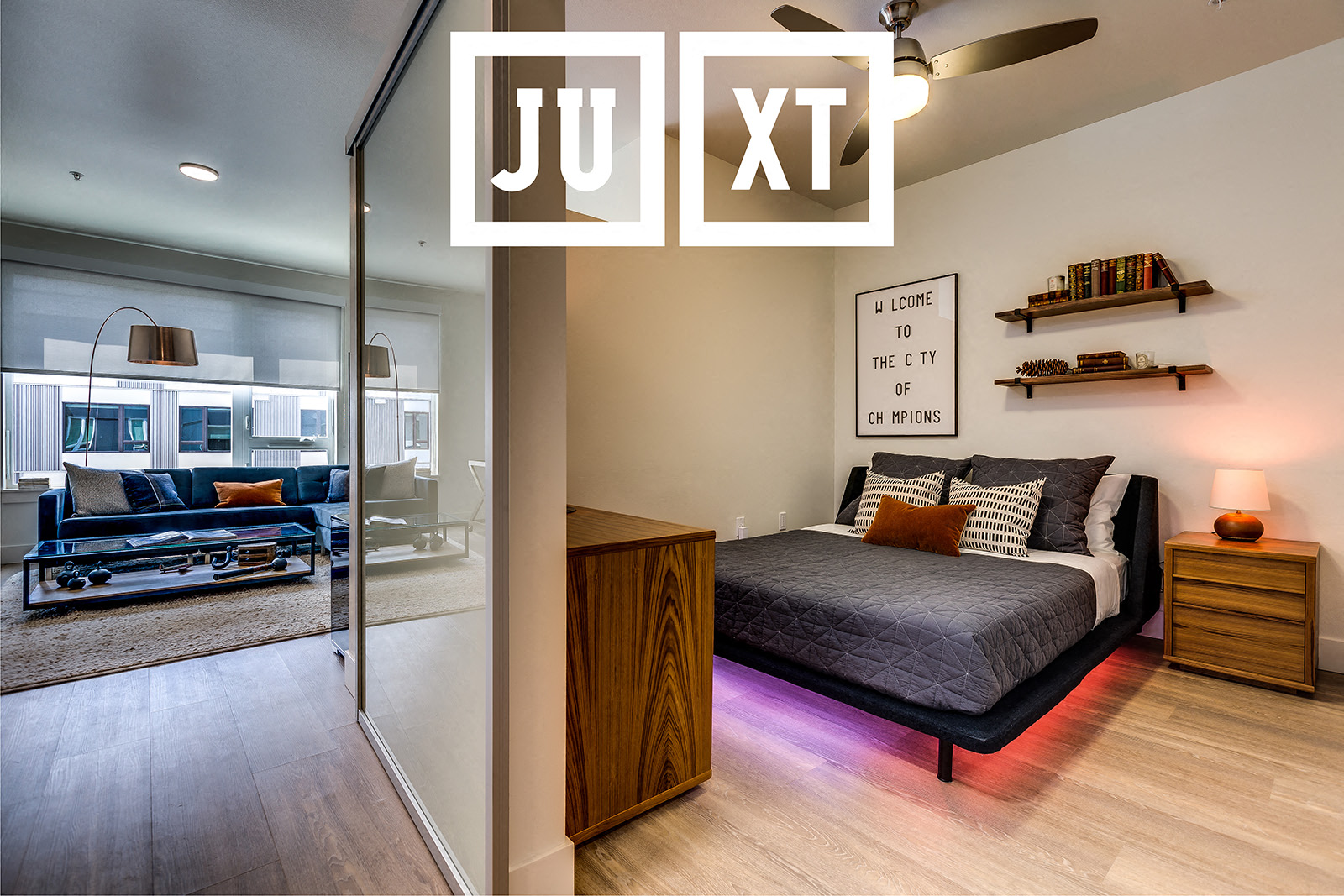 A bedroom with a bed, nightstand, and a poster on the wall.