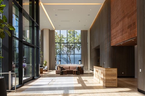 A modern office lobby with a view of the trees outside.
