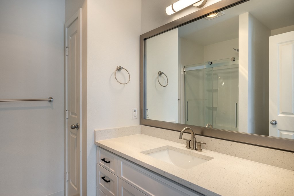 a bathroom with a sink and a mirror