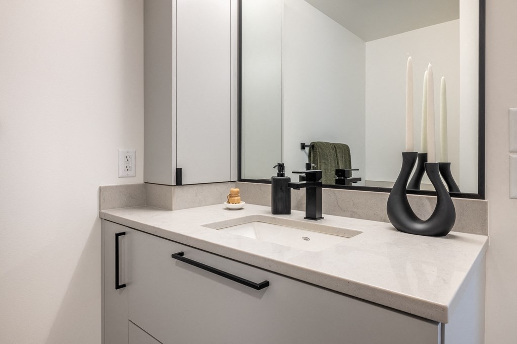 a bathroom with a sink and a mirror