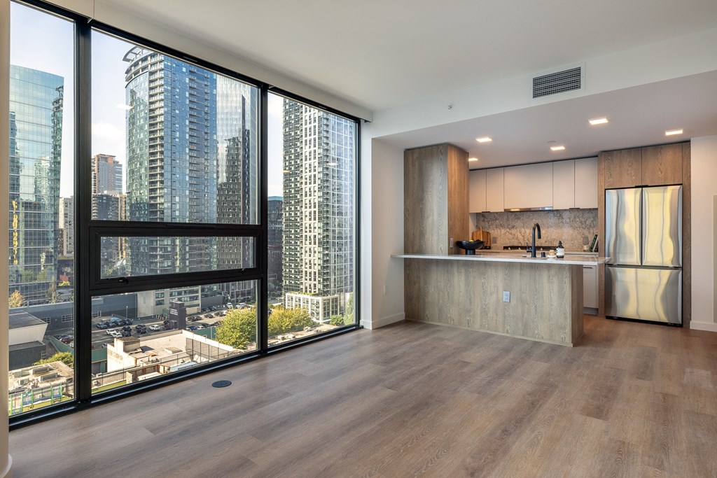 a view of the chicago skyline from an apartment