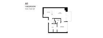 A 1 bedroom apartment with a kitchen, living room and bathroom.
