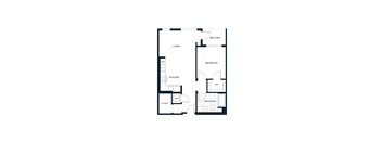A floor plan of a house with a living room, kitchen, bedroom, bathroom, and closet.